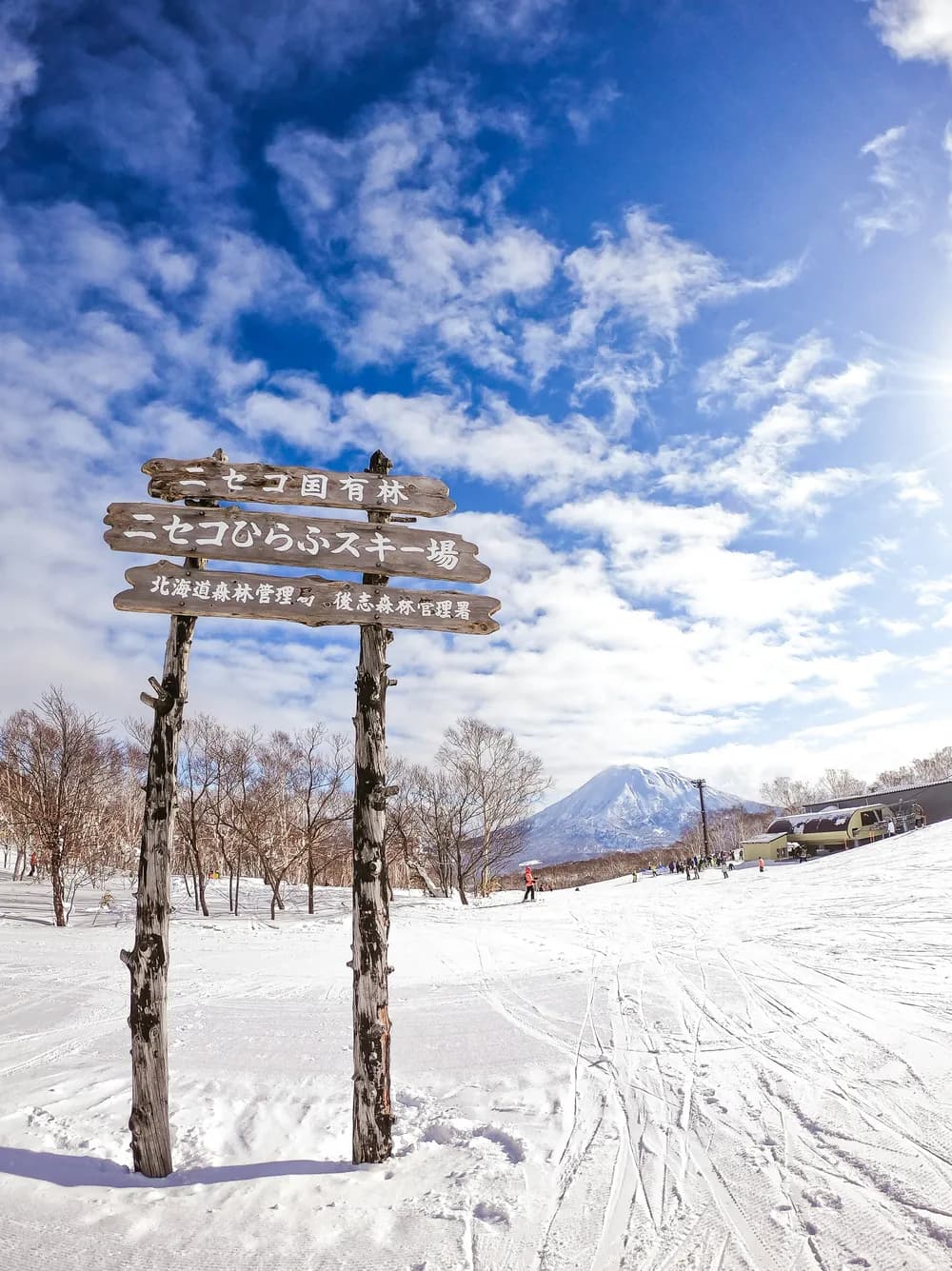 Cartel de madera de Niseko con el monte Yotei al fondo