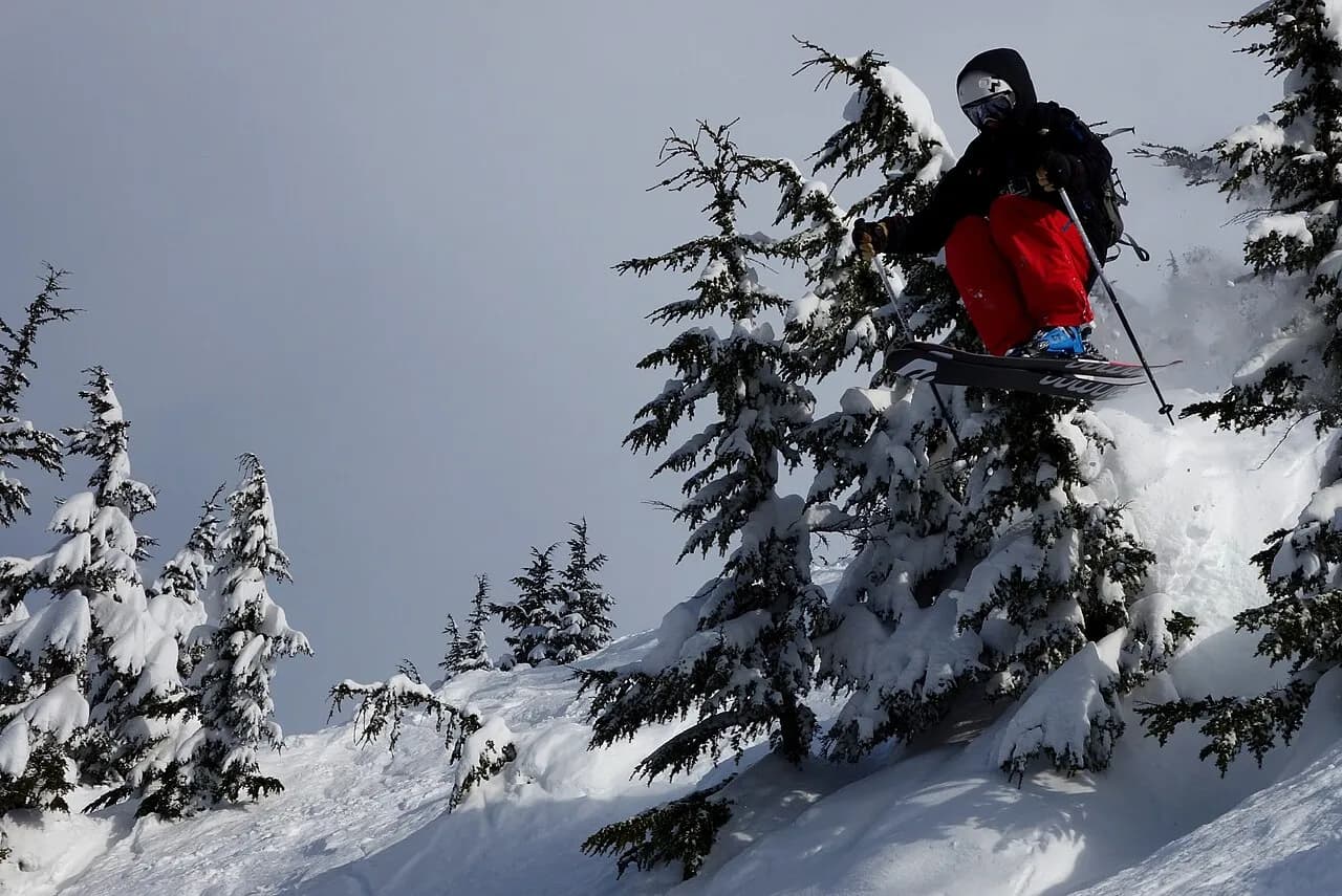 Esquiador saltando entre árboles nevados en Alyeska