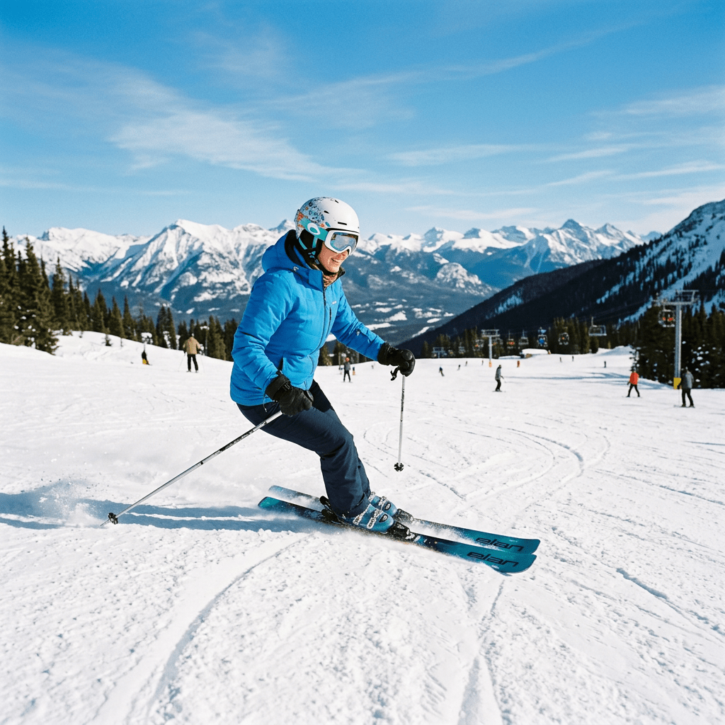 Person skiing downhill on snow-covered mountain with clear sky